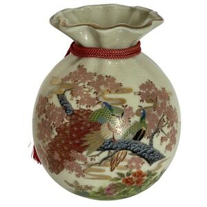 Japanese Satsuma Peacock Crackle Glaze Money Bag‎ Vase Red Tassel Gold Moriage